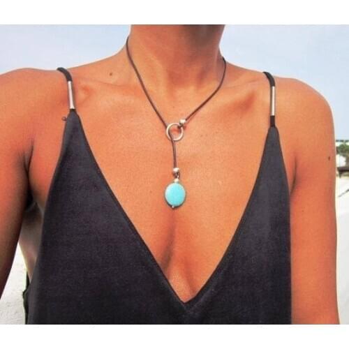 Turquoise leather necklace lariat necklace y shapped necklace turquoise jewelry