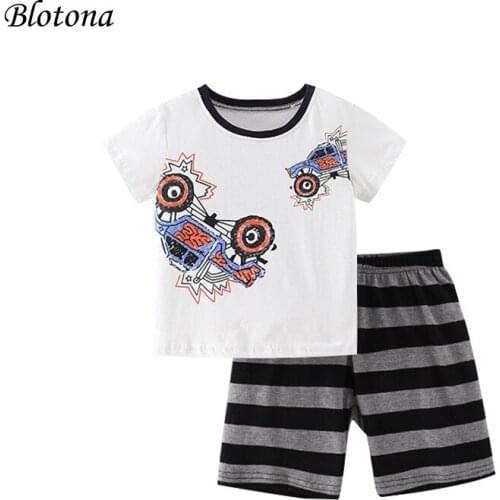Blotona Little Boys Summer T-shirt and Shorts Set Cartoon Cars Round Neck Short Sleeve Tops and Stripe Short Pants