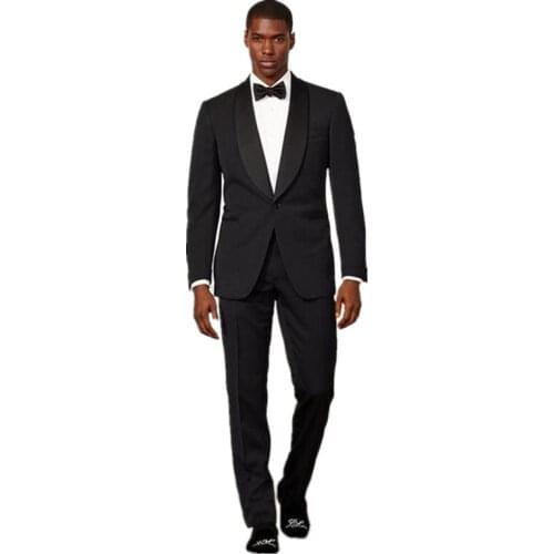 Black Two Piece Wedding Suits for Groom One Button Shawl Lapel Men Tuxedos Trim Fit Groom Suits (Jacket+Pants)