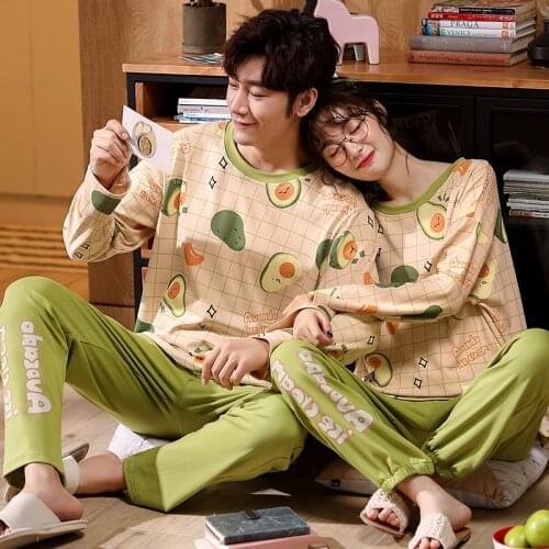 Couple Home Suits Cute Green Avocado Pajamas Set Womens Cotton Sleepwear Soft Loose Nightwear Large Size Pyjama Comfort Nighty