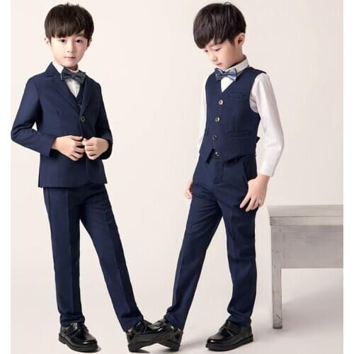 2019 Fashion brand cotton Boys Tuxedos suit Spring Solid Kids Wedding Suit Formal Kids Blue & black Suit 3 pcs jacket vest pants