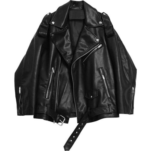 Quanss High Quality Autumn Winter Black Pu Leather Womens 2021 Fashion Loose Short Motorcycle Jacket Female Biker Coat Clothes