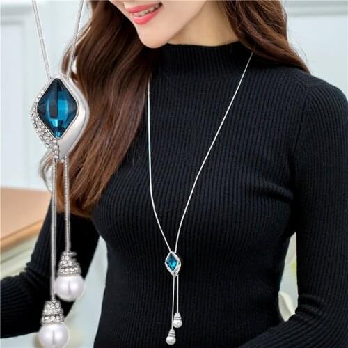 LWMMD Women Square Crystal Sweater Chain Long Paragraph With Jewelry Pendant Simple Decorative Necklace