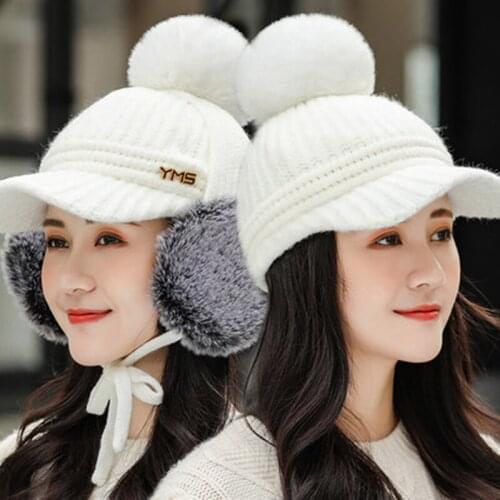 New Hat & Earmuffs Set Women Letter Winter Hats Add High Quality Fur Lined Warm Knitted Hat For Female Keep Face Warmer Pompoms