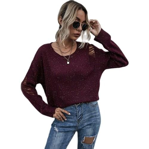 European and American autumn and winter new long-sleeved hollow knit solid color round neck sweater women