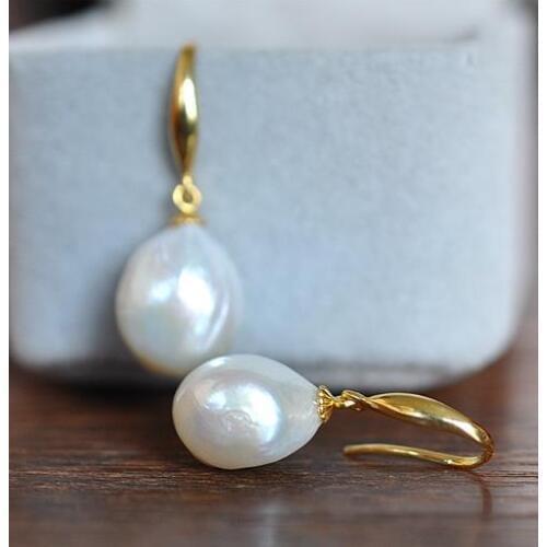Stunning 12-13mm baroque white pearl earring14K/20