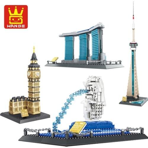Diamond Blocks Famous Architecture Singapore Merlion Statue Model Marina Bay Sands CN Tower Big Ben Building Blocks Bricks Toys