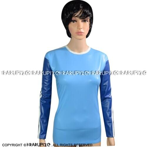 Sexy Latex Shirt Long Sleeves With White Striped Rubber Clothing Tee Top YF-0113