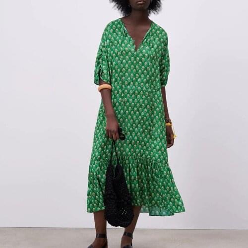 High quality ladies summer new product floral print long dress loose green bohemian dress holiday dress