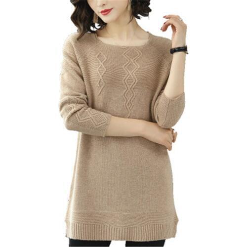 High grade pure wool solid knit women fashion Jacquard Oneck open hem loose pullover sweater mid long white 4color S-M