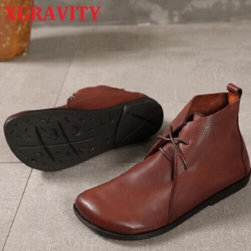 XGRAVITY Original Retro Women Shoes Fashion Autumn Winter Cow Leather Boots Womens Leisure Boots Round Toe Vintage Shoes S151