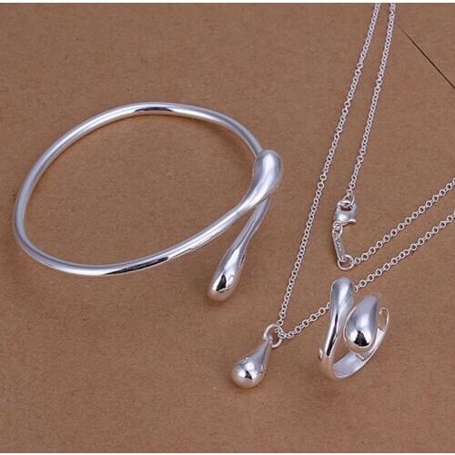 Hot selling 925 jewelry silver plated jewelry set fashion jewelry set Waterdrop Necklace&Bangle&Ring Jewelry Set SMTS331