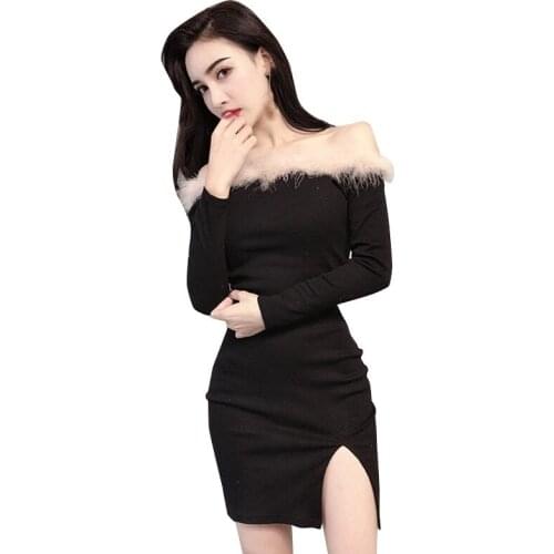 ZC2498 spring autumn 2020 new women fashion sexy one-word neck slim pure color slit dress cheap wholesale