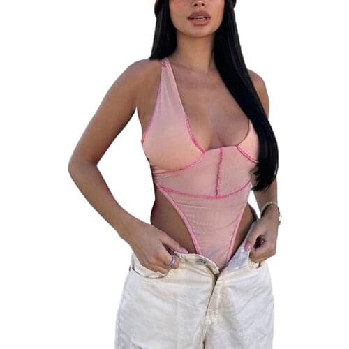 Women Summer Sexy Bodysuit Patchwork Color Halter Neck Sleeveless Playsuits Backless High-Waist Rompers Girls Club Streetwear