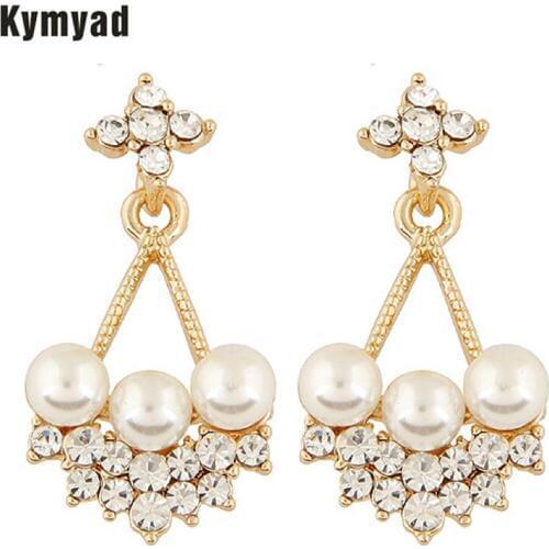 Kymyad Fine Jewelry Transparent CZ Crystal Rhinestone Stud Earrings Pearl Earring Jewelry Gold Color Earrings For Women