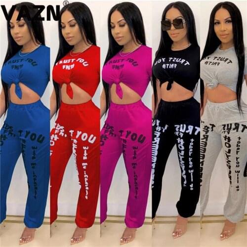 VAZN 2020 Casual O-Neck Night Party Sexy Lady Outfits Tracksuits Women Letter Print Short Sleeve Full Pant Summer Sets