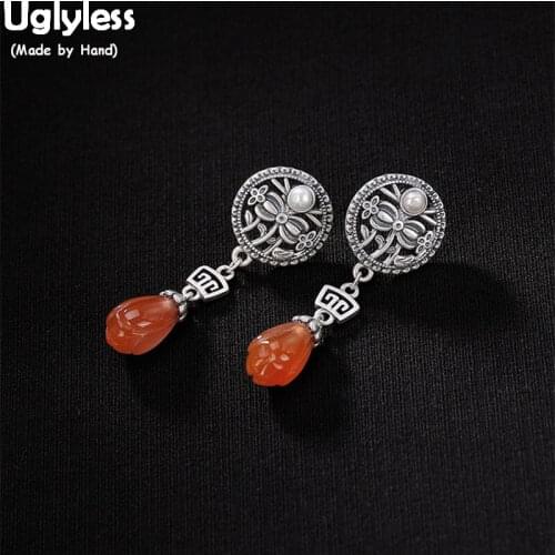 Uglyless Ethnic Women Vintage Thai Silver Handmade Earrings Solid 925 Silver Hollow Fine Jewelry Agate Magnolia Earrings Pearls