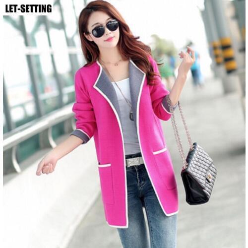 Slim Patchwork Full sleeve Pocket Knitted All-match Jacket Spring Autumn Cardigan Womens Joker Long Knit Sweater red,gray,pink