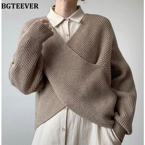 BGTEEVER V-neck Criss-Cross Women Sweaters Jumpers Long Sleeve Loose Female Knitting Pullovers Tops 2021 Autumn Ladies Knitwear