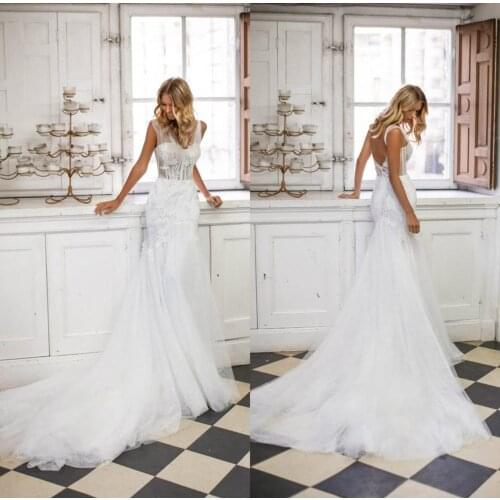 2020 Mermaid Wedding Dresses 2020 New V Neck Lace Appliques Illusion Bridal Gowns Sweep Train Backless Beach Wedding Dress