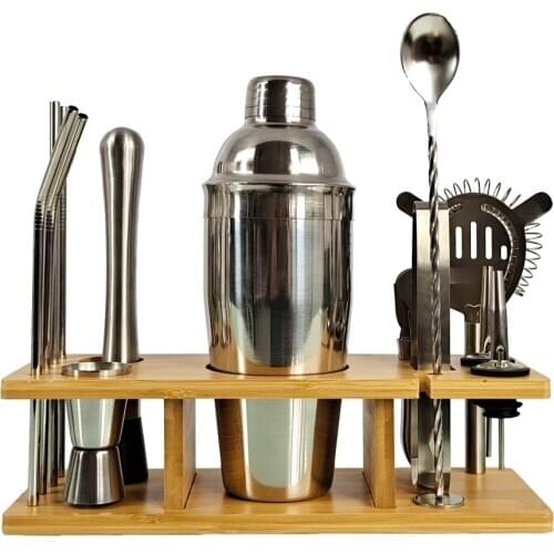 14-Piece Bartender Kit Cocktail Shaker Set Home DIY Suit for Mixed Drinks Martini Stainless Steel with Rectangular Bamboo Frame
