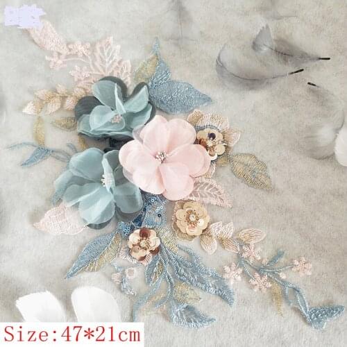 5pcs/lot HandMade 3D Embroidery Flower LACE Fabric 47*21cm for wedding dress decoration DIY accessories decoration F057