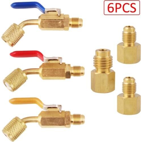 6pcs Air Conditioning Refrigerant Manifold Copper Vacuum Angled Compact Ball Valve Set 1/4" For HVAC R410A R134A R12 R22 AC