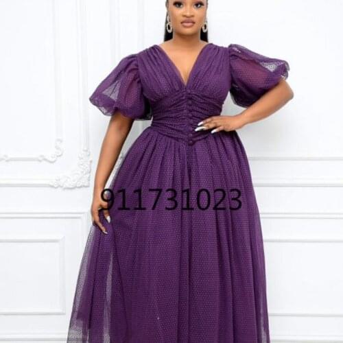 African Dresses for Women 2021 Summer African Women V-neck Plus Size Purple Long Dress African Clothes S-5XL