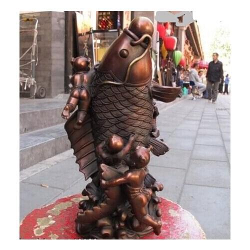 Bi001438 Chinese Bronze Copper Feng Shui Auspicious Boys child Play cyprinoid Fish Statue