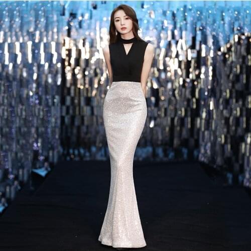 Sequins Halter Evening Dress Zipper Back Floor-Length Sleeveless Mermaid Elegant Simple Plus size Women Formal Party Gown C885