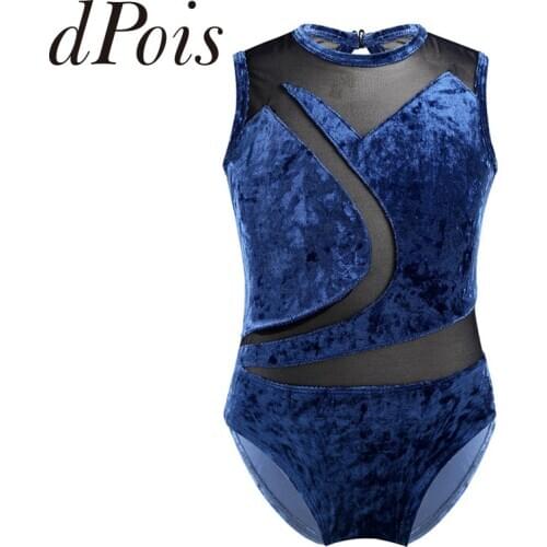 Child Girls Sleeveless Soft Pleuche Mesh Splice Gymnastics Leotard One-Piece Cutout Back Gymnastics Costume Kids Dance Wear