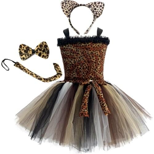 Kids Leopard Dresses 1-12 Years Girls Tutu Dress Halloween Panther Cosplay Costume Birthday International Children Clothes