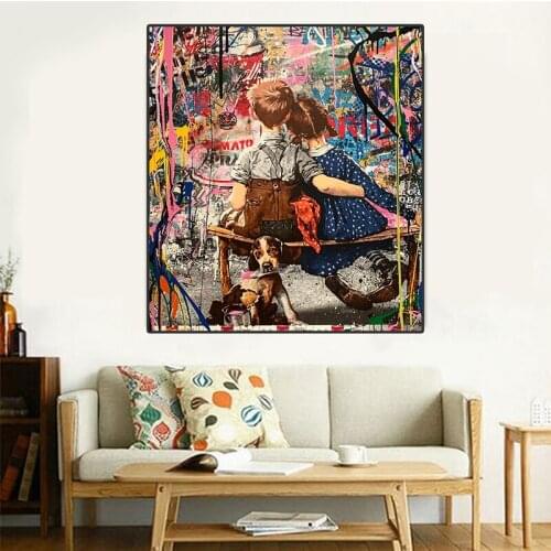 Graffiti Wall Art Boy and Girl Dog Paintings Print on Canvas Pop Street Art Wall Pictures Posters and Prints Cuadros Decoration
