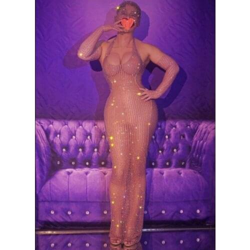 Full Stones Nude Mesh Sexy Dress Birthday Celebrate Transparent Net Costume Women Singer Dance See Through Long Dress