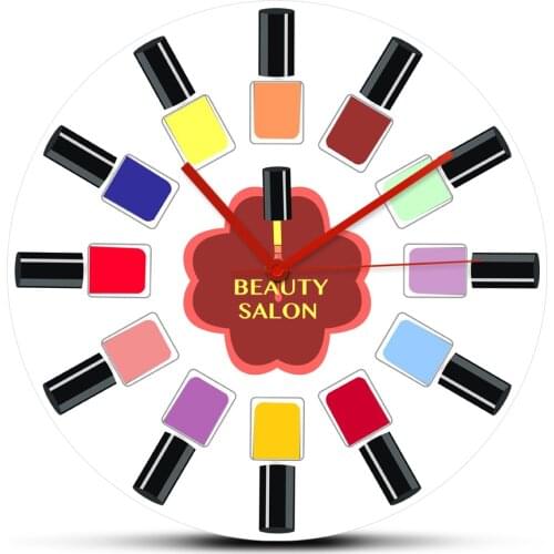 Colorful Nail Polish Bottles Beauty Salon Studio Acrylic Wall Clock Nail Salon Maincure Modern Timepiece Nail Technician Gift