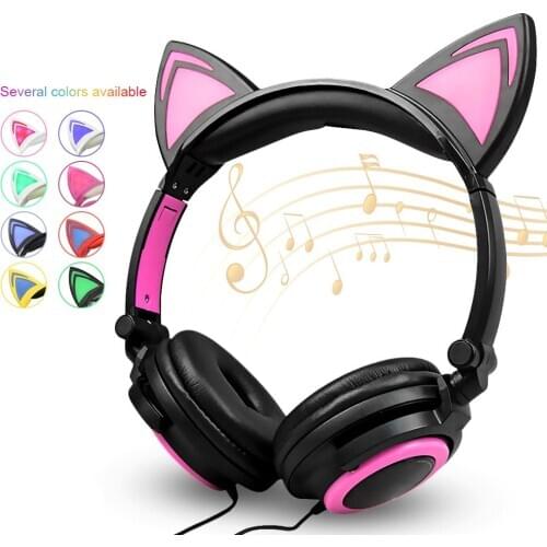 Cat Ear Headphones Gaming LED Ear Headset Flashing Glowing Earphone Wired 3.5mm Earphones for Adult Children MP3 Music Player