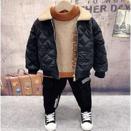 Baby Boy Clothes Winter Coat + Knit Sweater + Thickened Jeans 3pcs Sets Toddler Clothing Winter Childrens Suit 2-6years