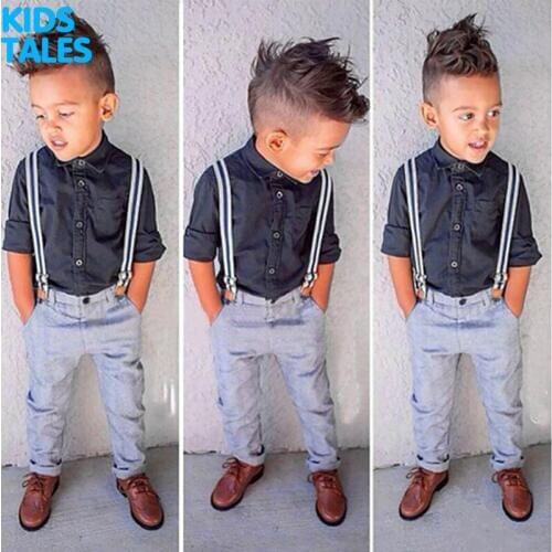 2017 new Handsome gentleman style Baby Boys Autumn Clothing Sets Fashion kids clothes Suit Shirt + pants+ straps