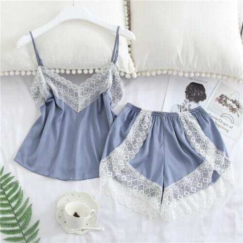 Sexy Satin Pajama Set Womens Sleepwear White Lace V-Neck Pyjamas Sleeveless Cute Cami Top and Shorts Nighty Sets Pajama Set