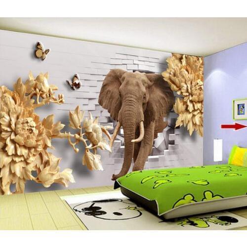 Custom photo wallpaper 3d wall murals wallpaper 3d TV setting wall woodcarving peony elephant brick wall wallpaper living room