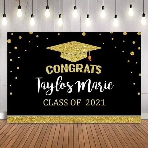 Congrats Graduation Birthday Backdrop Calss of 2021 Black and Gold Bachelor Cap Balloon Grad Congrats Party Banner Photo Booth
