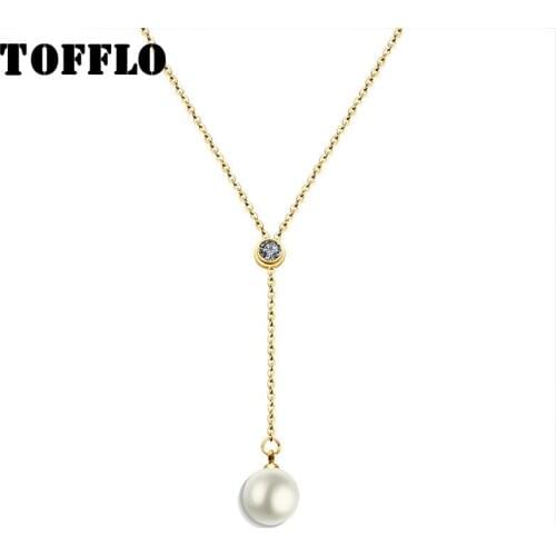 TOFFLO Stainless Steel Jewelry Imitation Pearl Pendant With Zircon Necklace Fashion Simple Clavicle Chain BSP096