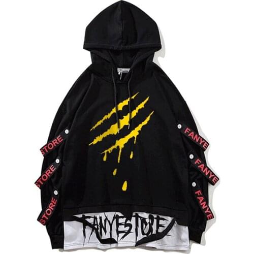 Oversize Ribbon Hoodies Men Scratch Print Hip Hop Pullovers Fake Two Piece Hoodie Casual Homme Clothes Streetwear Dropshipping