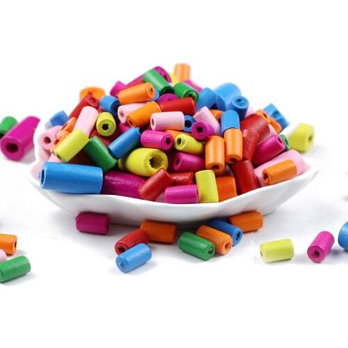 HGKLBB 100pcs Natural Wooden Loose Beads 12*6/20*10mm Colored toy cylinder Wood Beads For Jewelry Making Findings Bracelets DIY