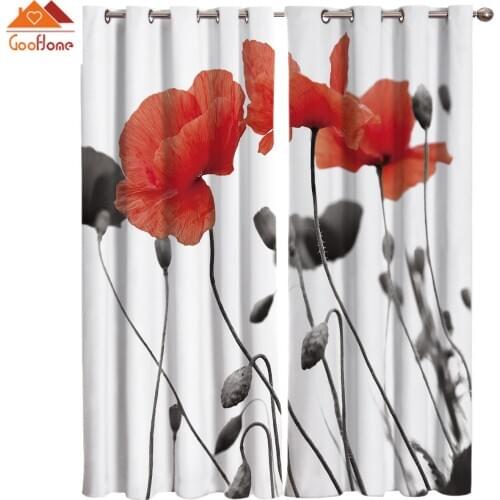 Red Poppy Flower Window Curtains Living Room Outdoor Fabric Drapes Curtain Home Decor