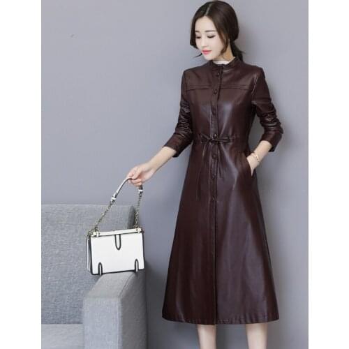 2018 Autumn New Women Faux Leather Jacket With Belt Ladies Fashion Washed PU Leather Coats Trench Female Long Leather Outerwear