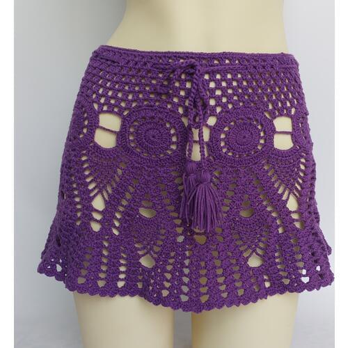 Summer Women Candy Color Crochet Boho Mini Skirts Sexy Hollow Out Cotton Mid Waist Tassel A-Line Bikini Cover-Up 100% Handmade