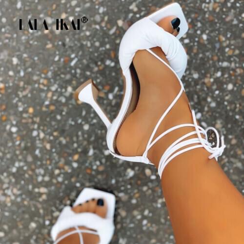 LALA IKAI 2021 Spring New Ankle Strap Womens High Heels Sandals Square Head Female Shoes Sandalias de mujer for Wedding Banquet