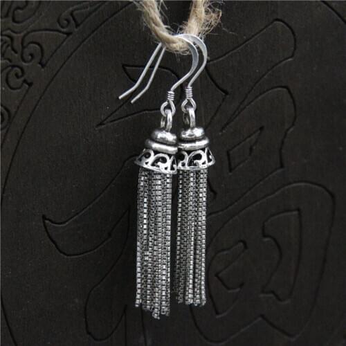 Solid S925 Sterling Silver Earrings Women Gift Luck Box Tassels Dangle Earrings 34x8mm