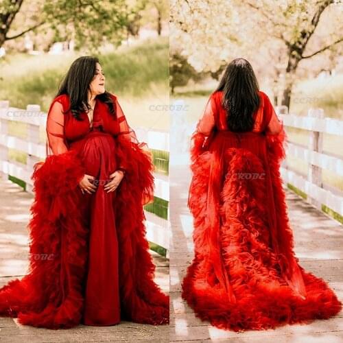 Womens Red Maternity Robe Long Tulle Bridal Bathrobe Dressing Gown Perspective Sheer Puffy Wedding Party Photoshoot Dress